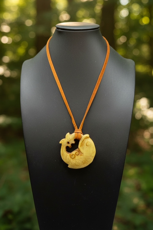 Hand-Carved Artisan Fish Pendant Necklace on Leather Cord