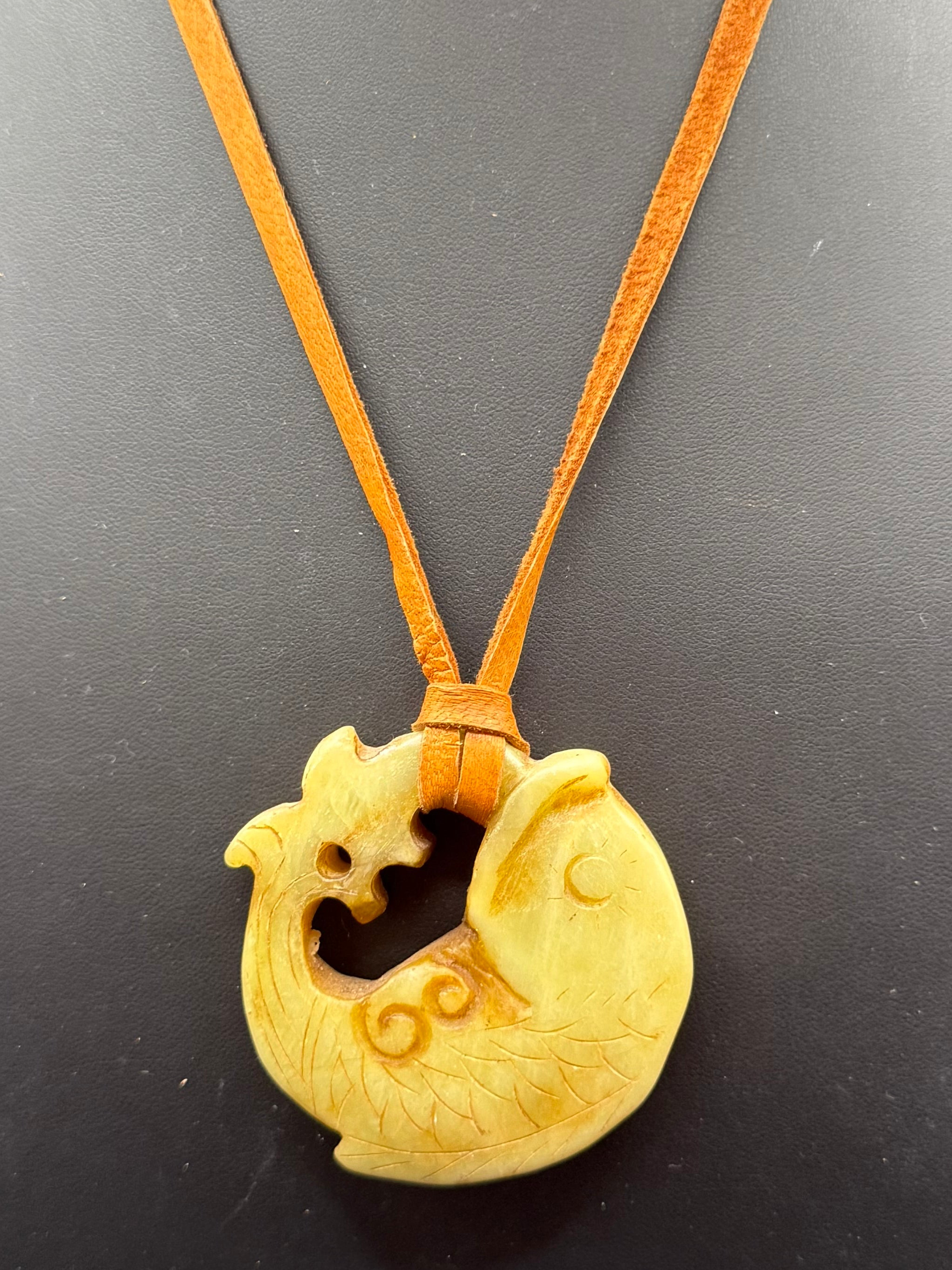 Hand-Carved Artisan Fish Pendant Necklace on Leather Cord