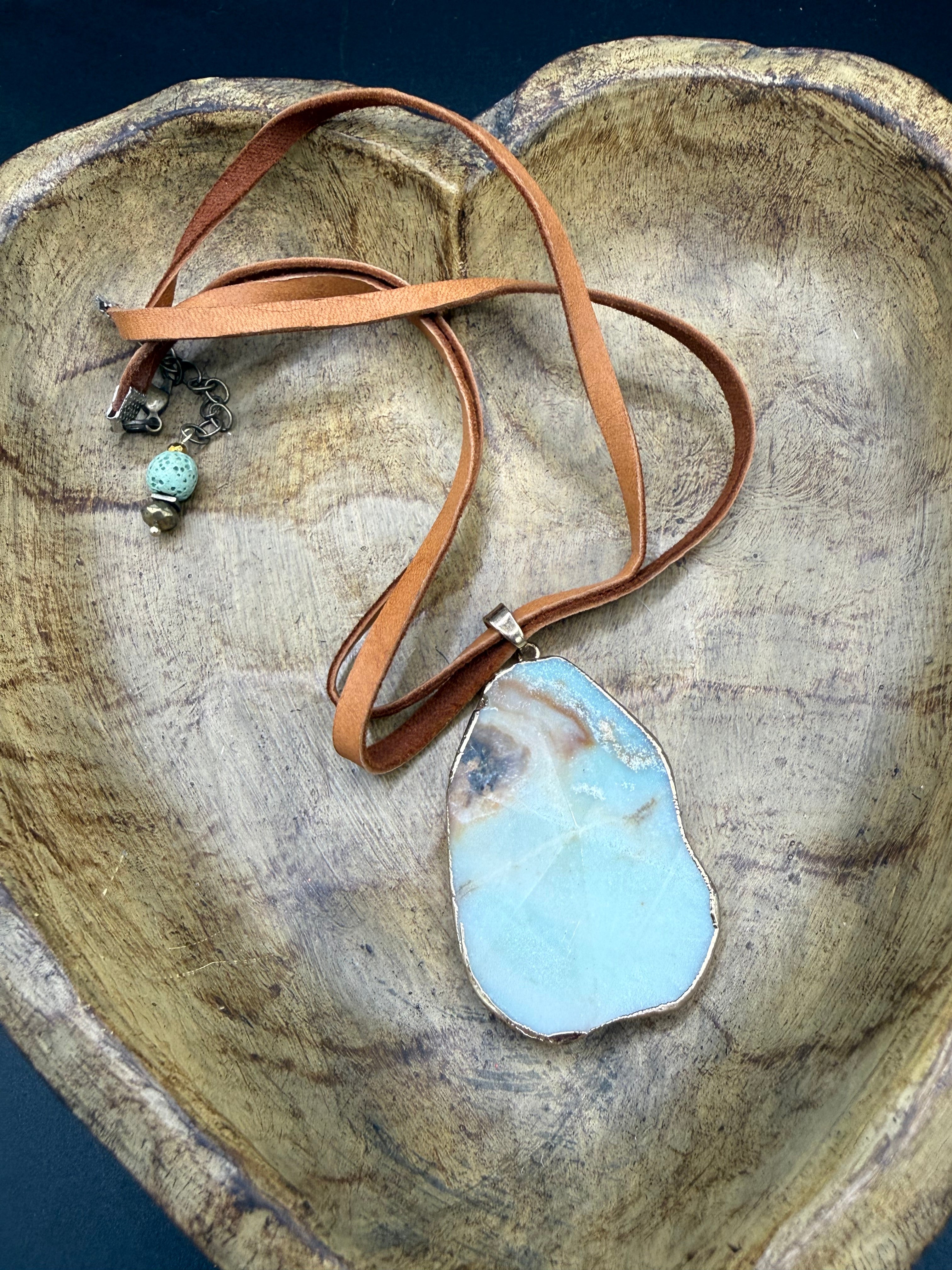 Natural Amazonite Stone Slice Pendant Necklace | Genuine Green Gemstone on Brown Leather Cord | Boho Chic Jewelry | Earthy Handmade Gift for