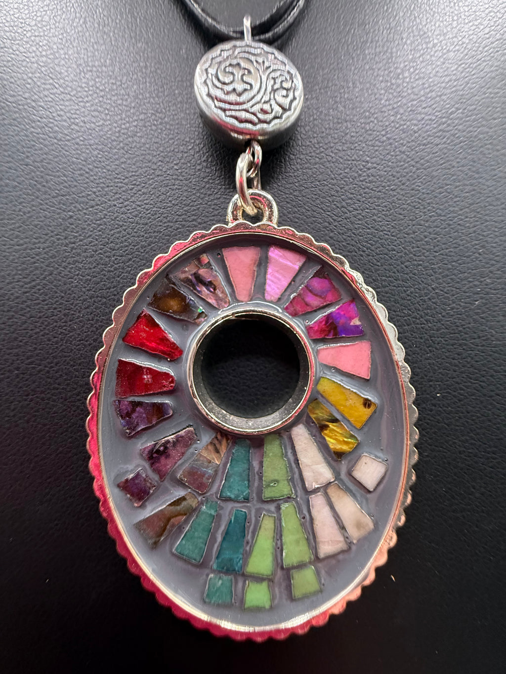 Colorful Mosaic Pendant Necklace, Rainbow Stained Glass Style Choker, Multi Strand Black Cord