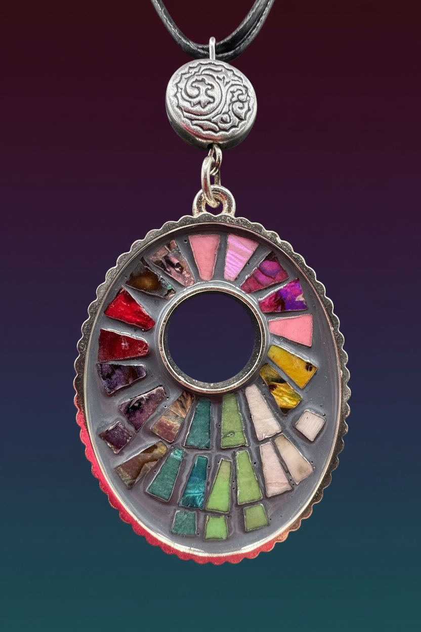 Colorful Mosaic Pendant Necklace, Rainbow Stained Glass Style Choker, Multi Strand Black Cord