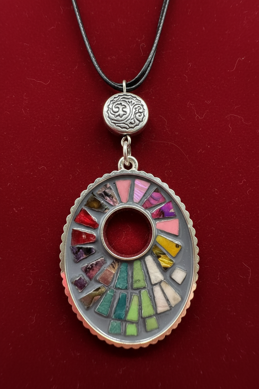 Colorful Mosaic Pendant Necklace, Rainbow Stained Glass Style Choker, Multi Strand Black Cord