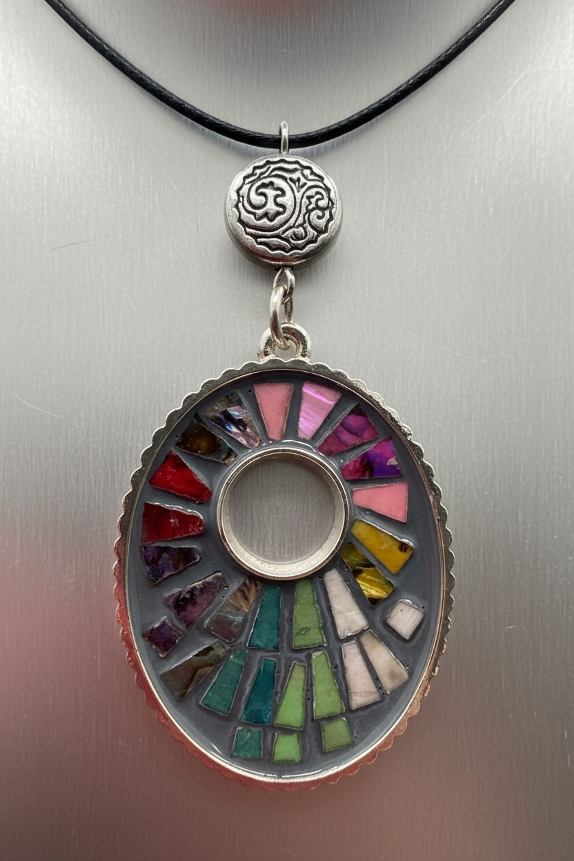 Colorful Mosaic Pendant Necklace, Rainbow Stained Glass Style Choker, Multi Strand Black Cord