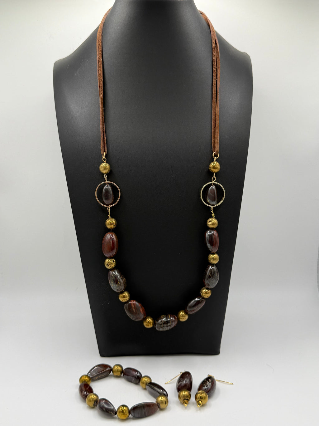 Handcrafted Red Iron Tiger's Eye & Aged Brass 3-Piece Jewelry Set