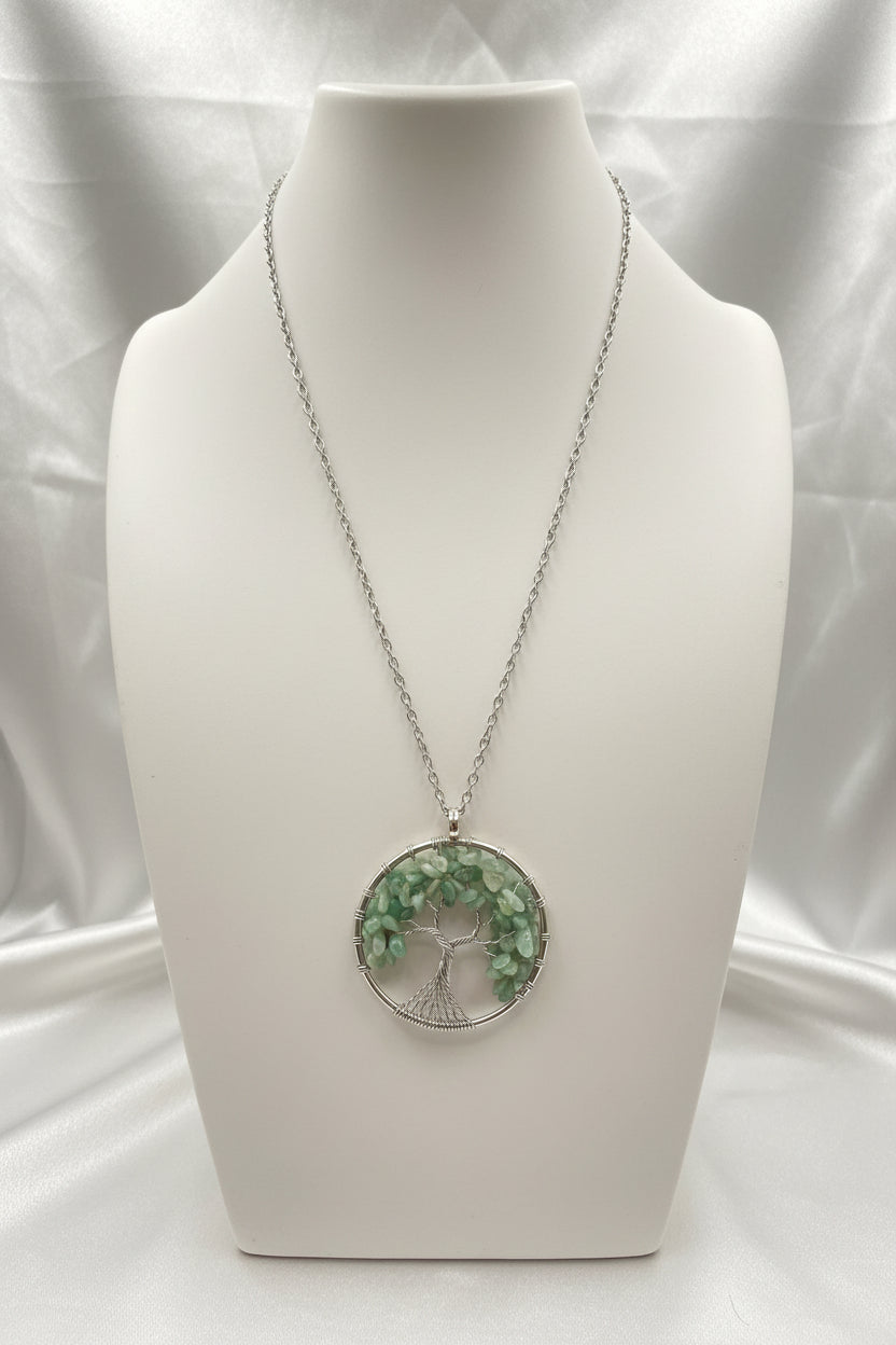 Wire Wrapped Green Aventurine Tree of Life Pendant Necklace • Silver Chain Boho Jewelry