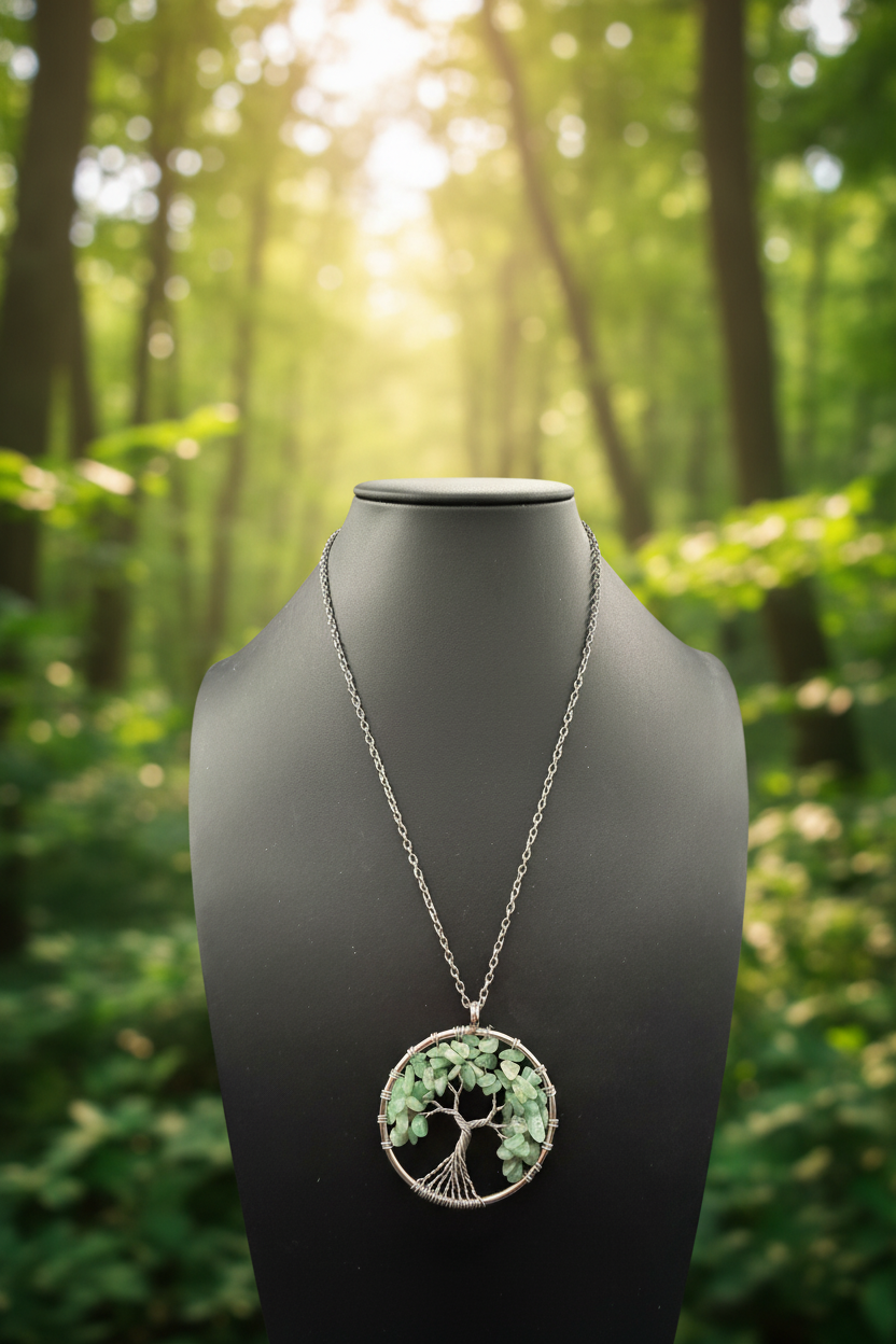 Wire Wrapped Green Aventurine Tree of Life Pendant Necklace • Silver Chain Boho Jewelry