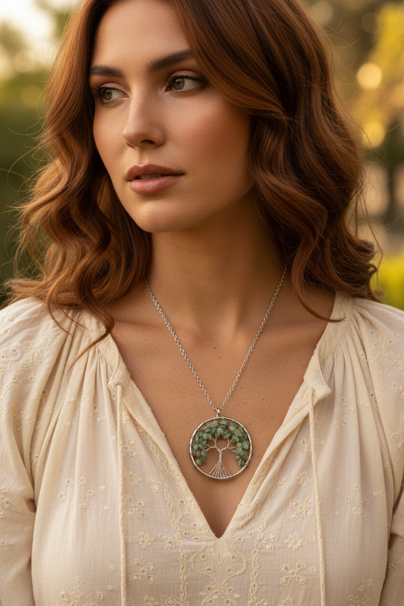 Wire Wrapped Green Aventurine Tree of Life Pendant Necklace • Silver Chain Boho Jewelry