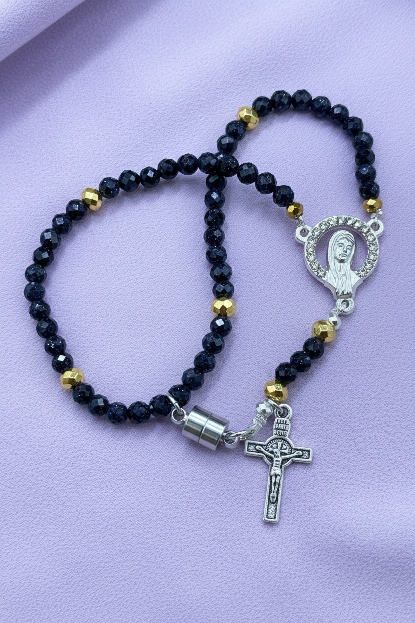 Gemstone Rosary Bracelet • Catholic Decade Prayer Bracelet • Mother Mary & Crucifix Charm - Magnetic Clasp