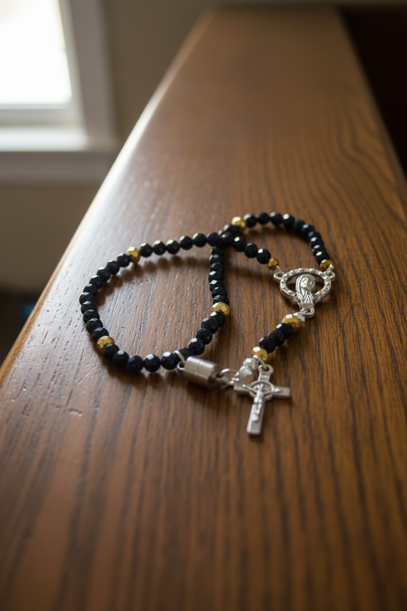 Gemstone Rosary Bracelet • Catholic Decade Prayer Bracelet • Mother Mary & Crucifix Charm - Magnetic Clasp