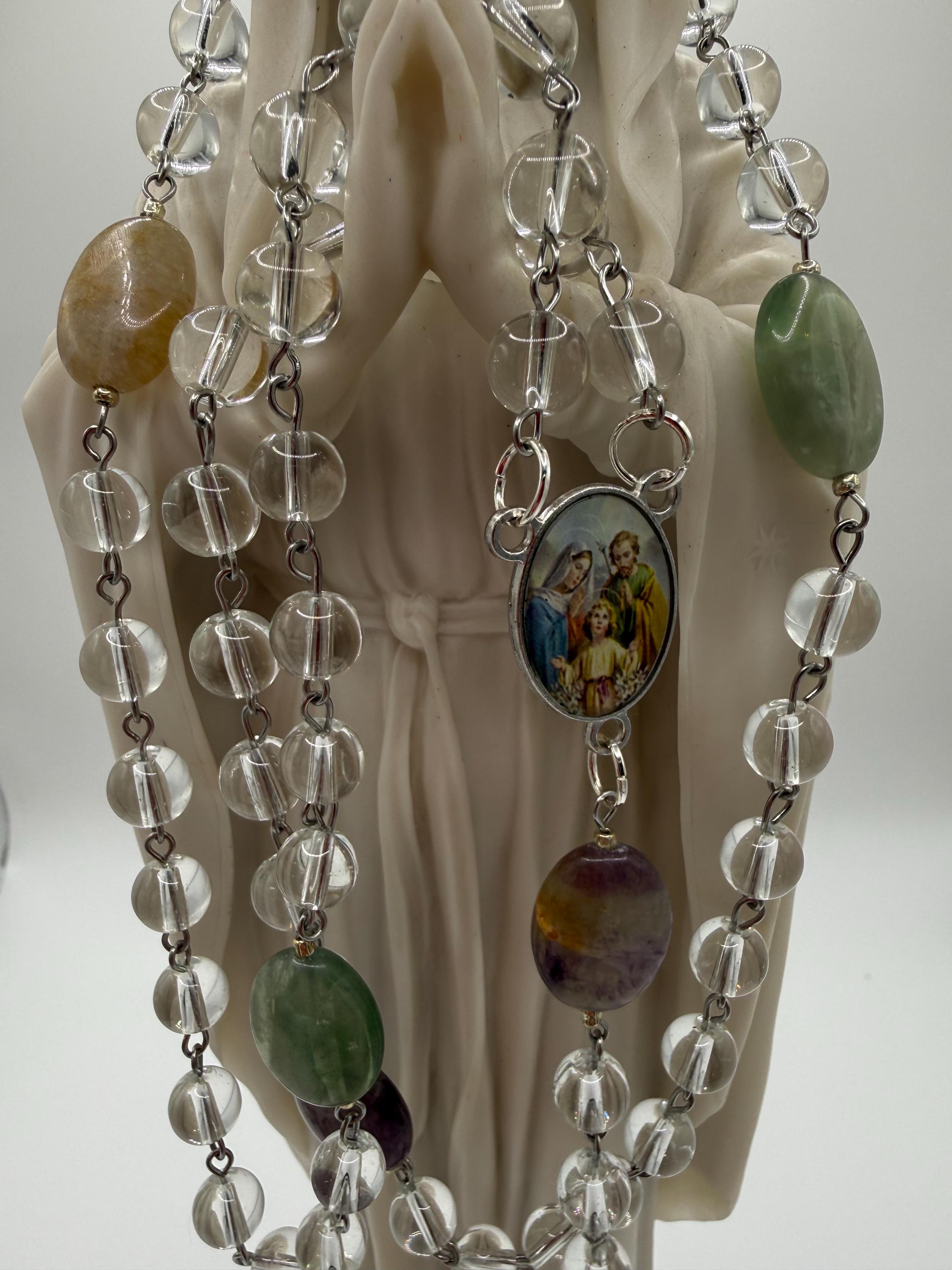 Clear Crystal Rosary, Natural Stone Our Father Beads, Holy Family Center
