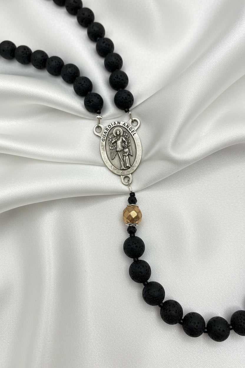 Men's Lava Rock Rosary - Silver Guardian Angel & INRI Crucifix - Essential Oil Diffuser Rosary