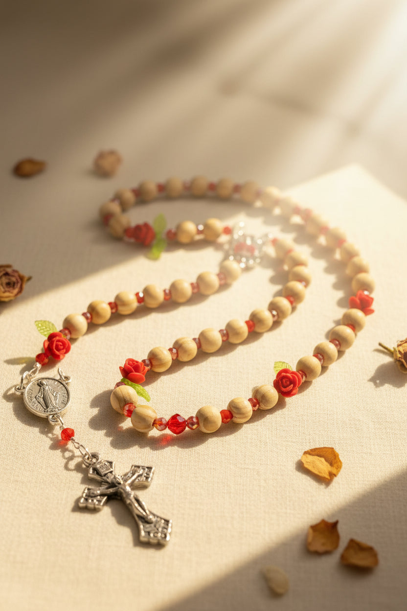 Wooden Rosary, Red Crystal Spacers, Rose Our Father Beads