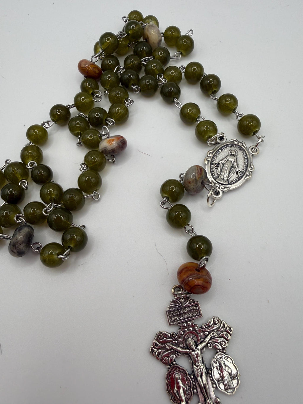 Handmade Green Rosary-Olive Beads with Agate Accents, Silver Miraculous Medal Center and Pardon Crucifix