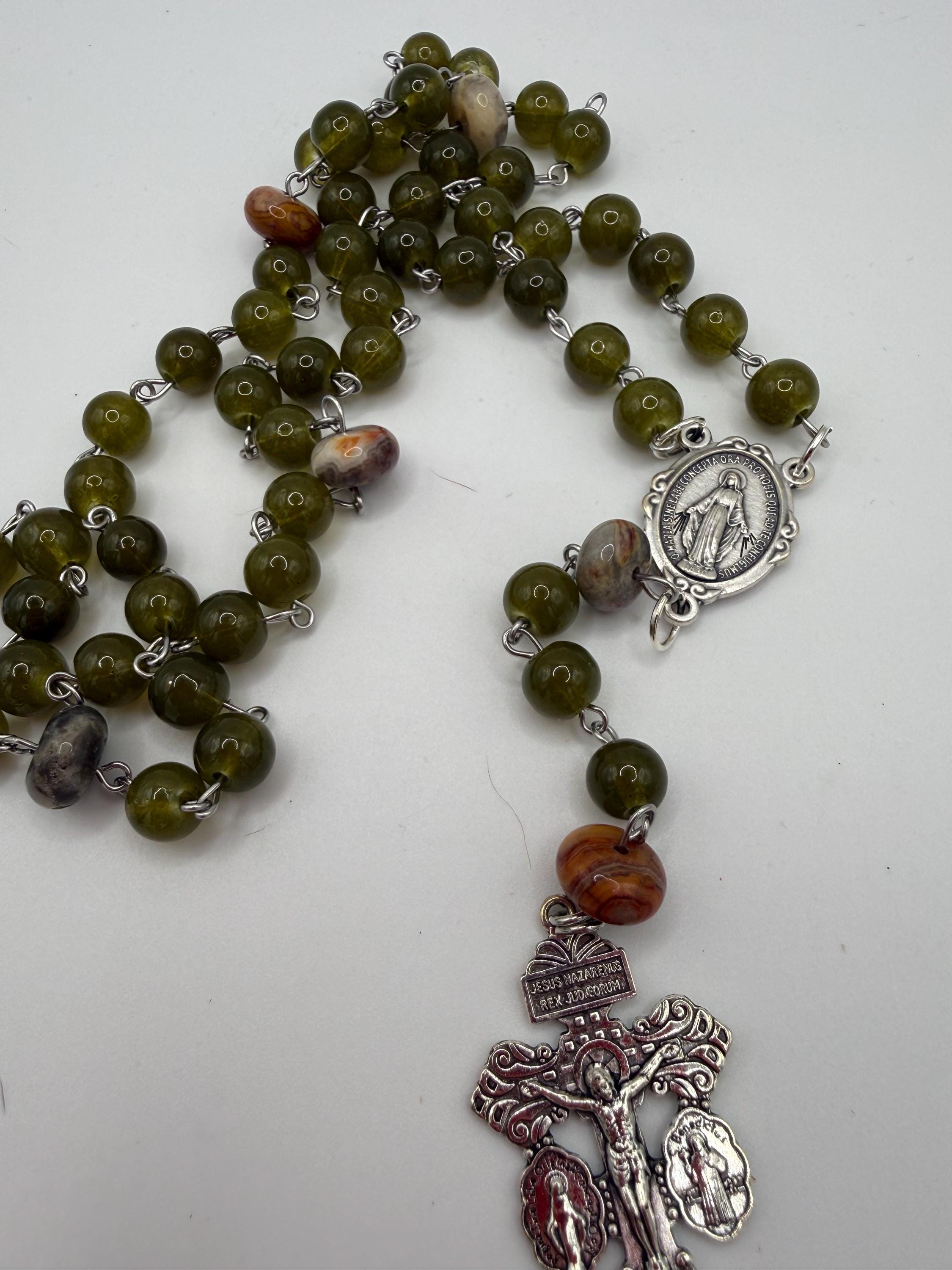 Handmade Green Rosary-Olive Beads with Agate Accents, Silver Miraculous Medal Center and Pardon Crucifix