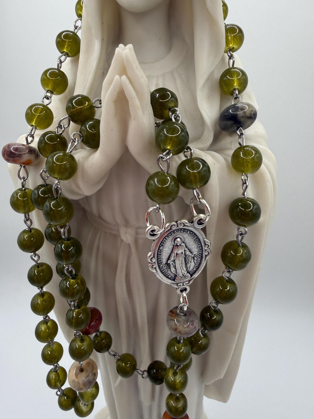 Handmade Green Rosary-Olive Beads with Agate Accents, Silver Miraculous Medal Center and Pardon Crucifix