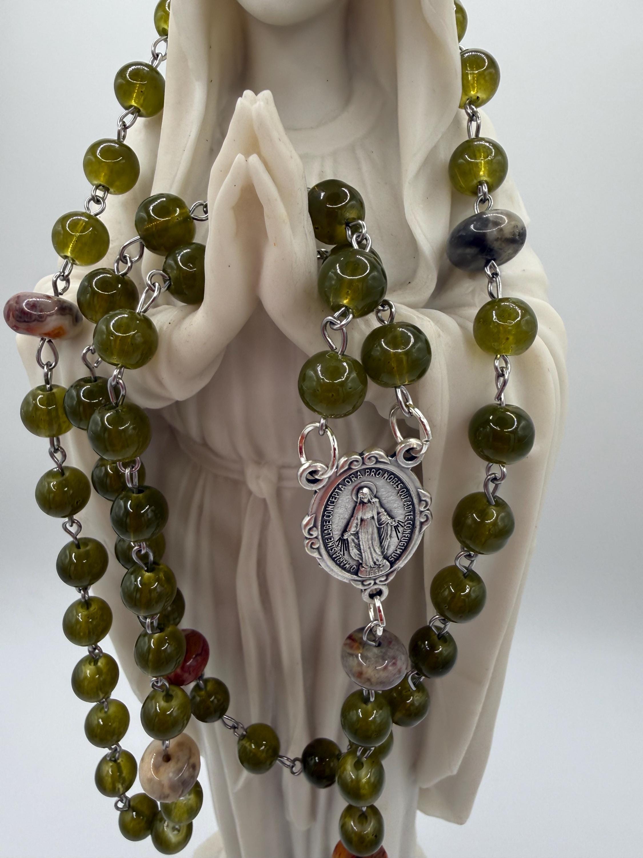Handmade Green Rosary-Olive Beads with Agate Accents, Silver Miraculous Medal Center and Pardon Crucifix