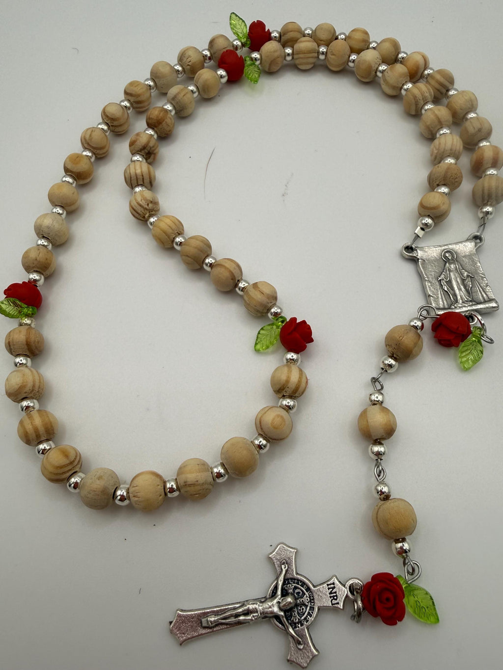 Wooden Rosary, Silver-toned Spacers, Red Rose  “Our Father Beads”