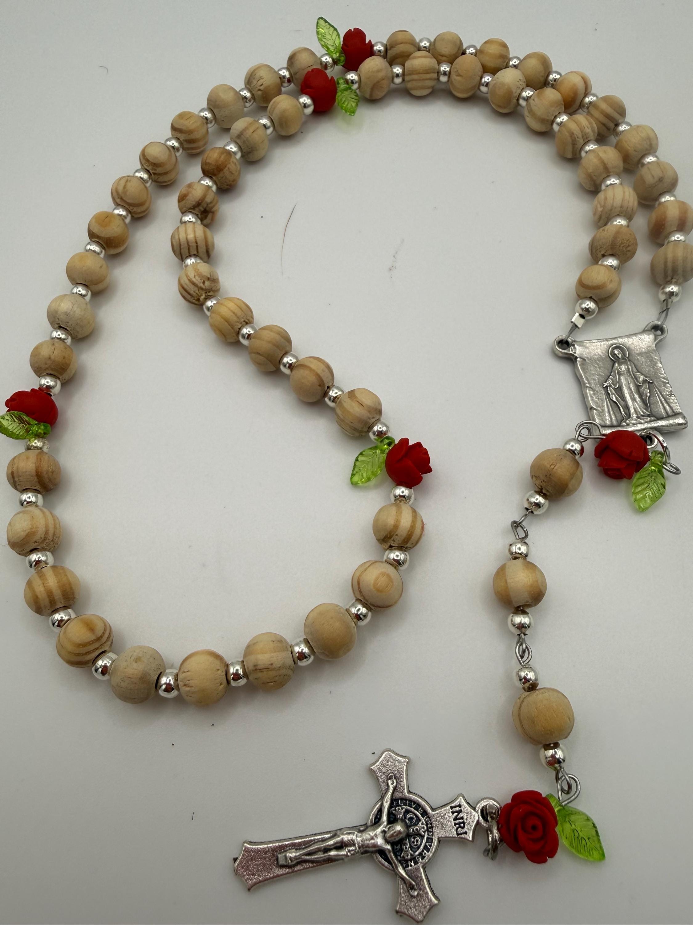 Wooden Rosary, Silver-toned Spacers, Red Rose  “Our Father Beads”