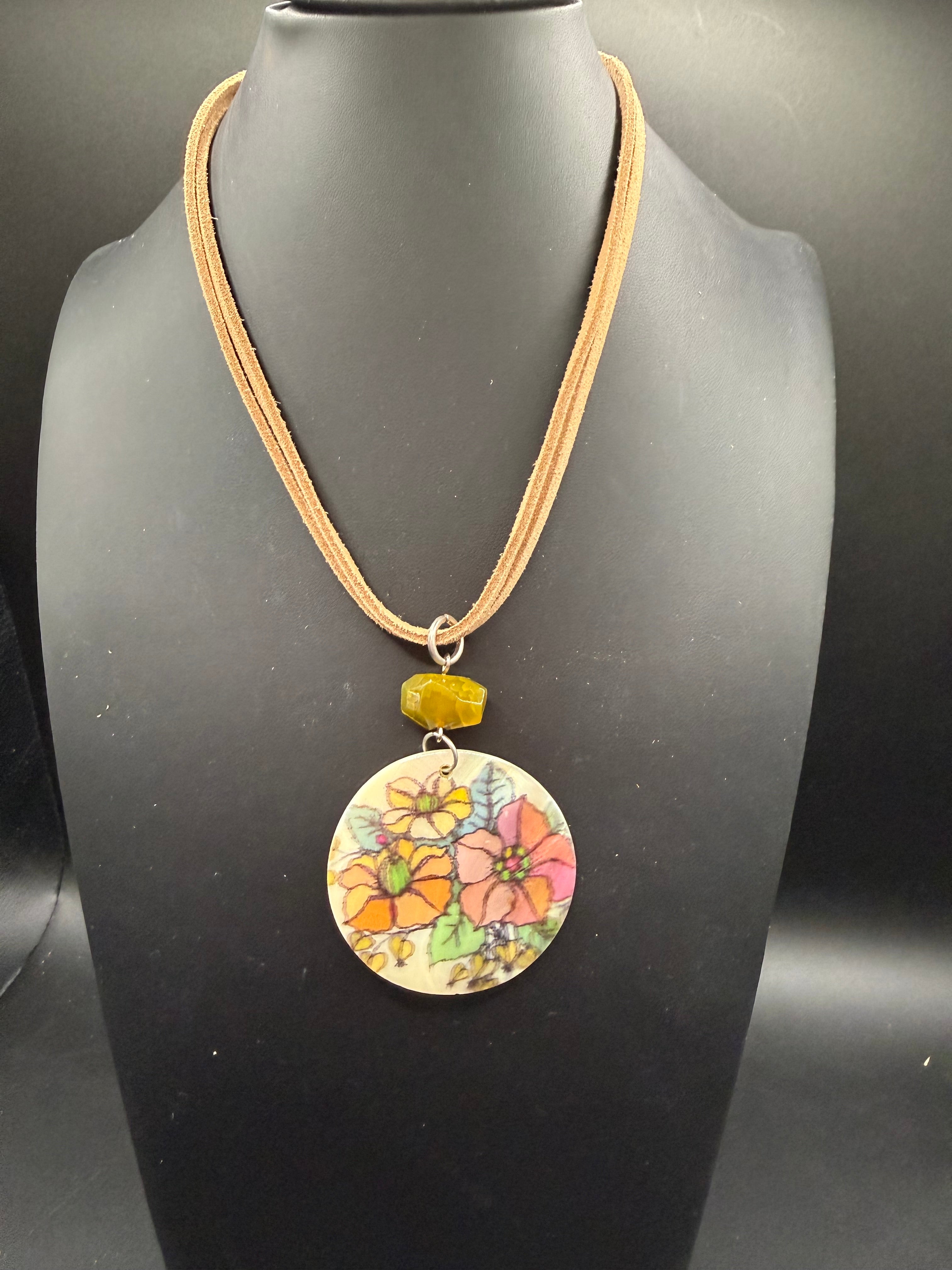 Handmade Floral Pendant Necklace, Artisan Illustrative Flower Pendant with Olive Green Gemstone Accent, Nature Inspired Cord Necklace, Whimsical Botanical Jewelry Gift for Her