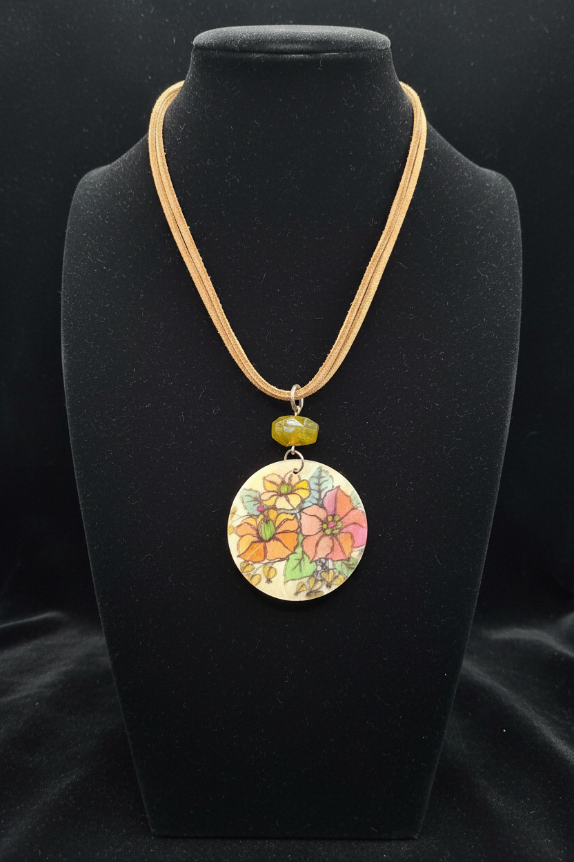 Handmade Floral Pendant Necklace, Artisan Illustrative Flower Pendant with Olive Green Gemstone Accent, Nature Inspired Cord Necklace, Whimsical Botanical Jewelry Gift for Her