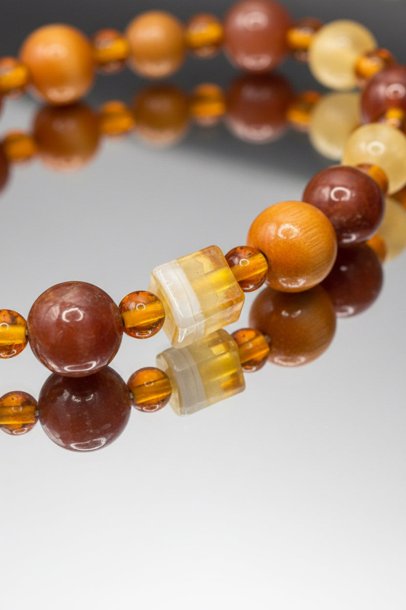Vintage Layered Amber & Wood Mixed Material Statement Necklace