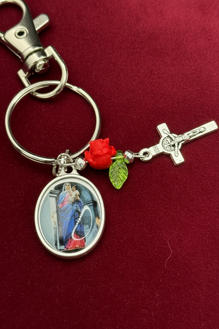 Handmade Catholic Keychain with Our Lady of the Rosary Medal, Crucifix, and Rose Charm