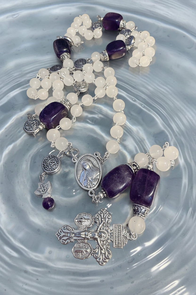 White Catholic Rosary with Glass and Amethyst Beads