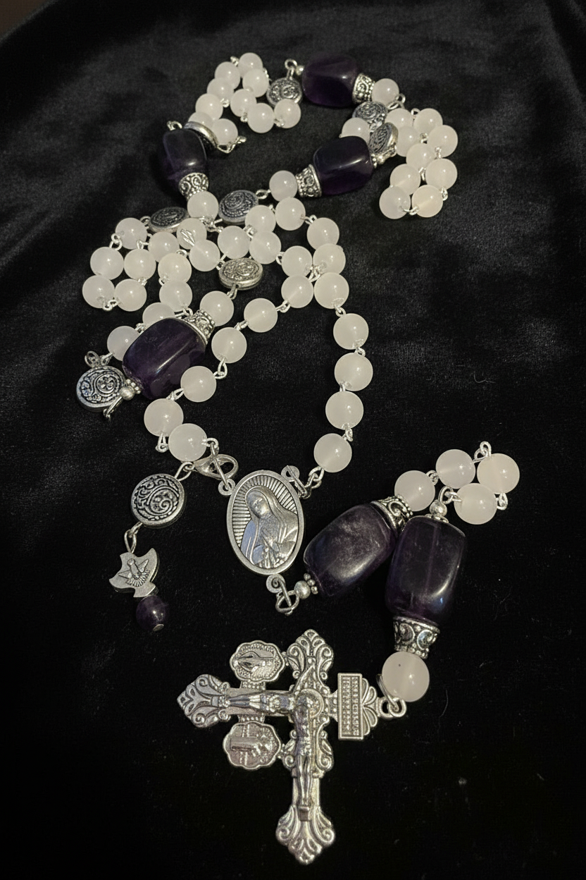 White Catholic Rosary with Glass and Amethyst Beads