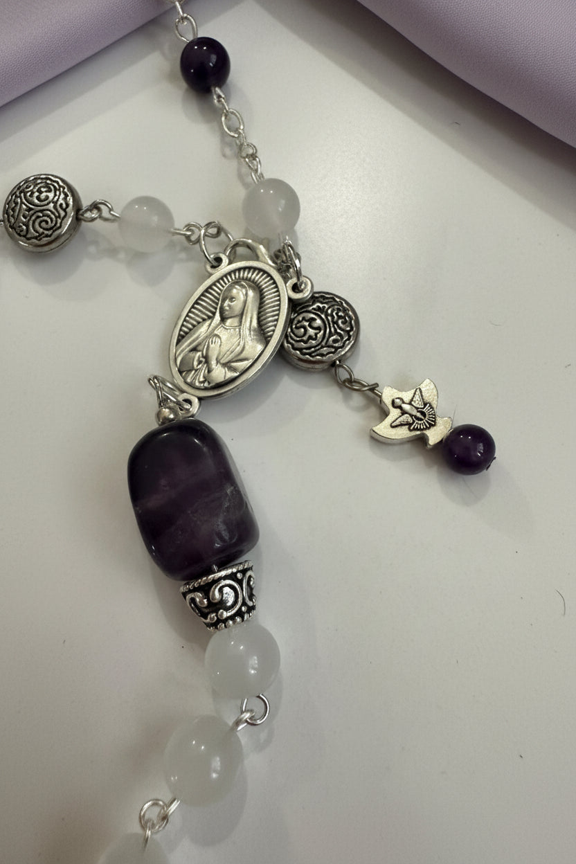 White Catholic Rosary with Glass and Amethyst Beads
