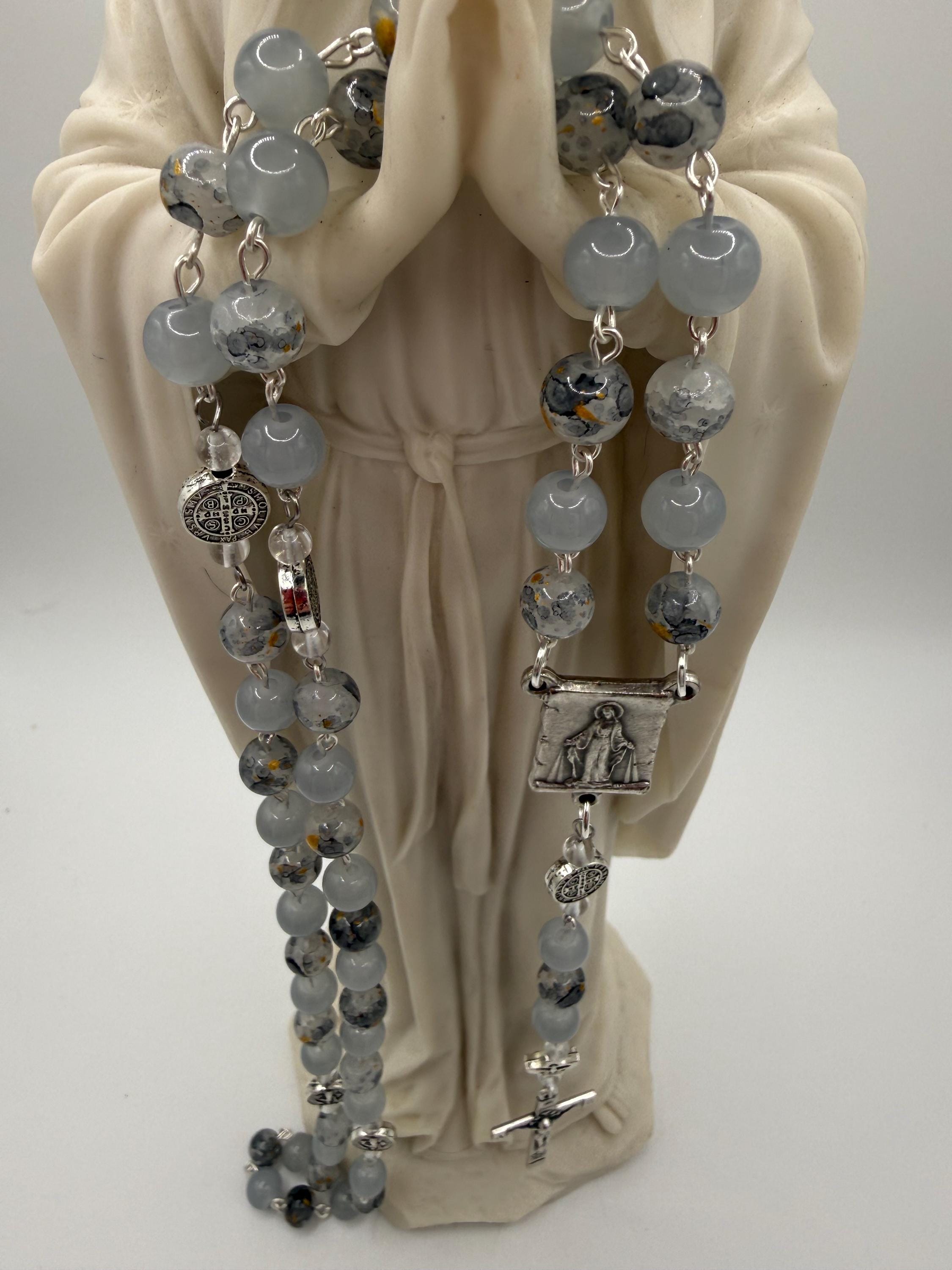 Gray Glass Rosary, Miraculous Medal, St. Benedict Accents, Silver Crucifix