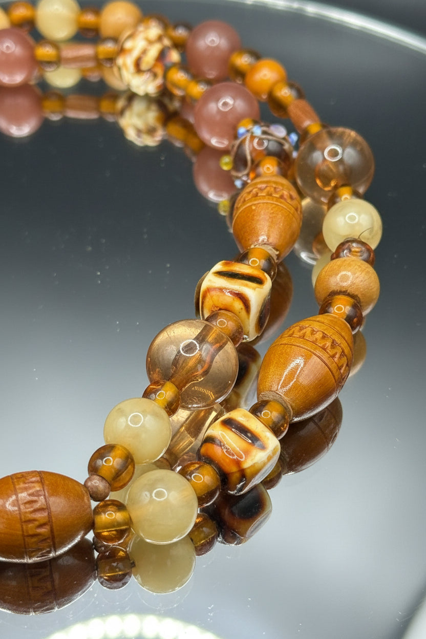 Vintage Layered Amber & Wood Mixed Material Statement Necklace