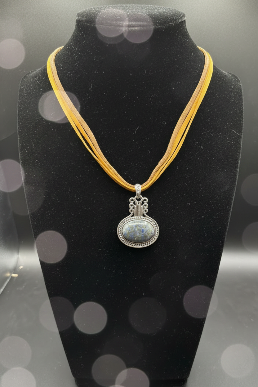 Boho Lapis Lazuli Oval Pendant Necklace, Ornate Silver Framed Blue Gemstone Charm, Double Strand Yellow-Ochre Suede Cord, Tribal Artisan Statement Jewelry