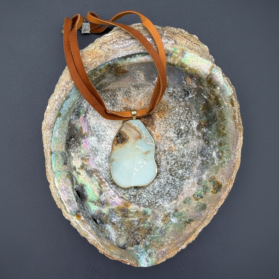 Natural Amazonite Stone Slice Pendant Necklace | Genuine Green Gemstone on Brown Leather Cord | Boho Chic Jewelry | Earthy Handmade Gift for