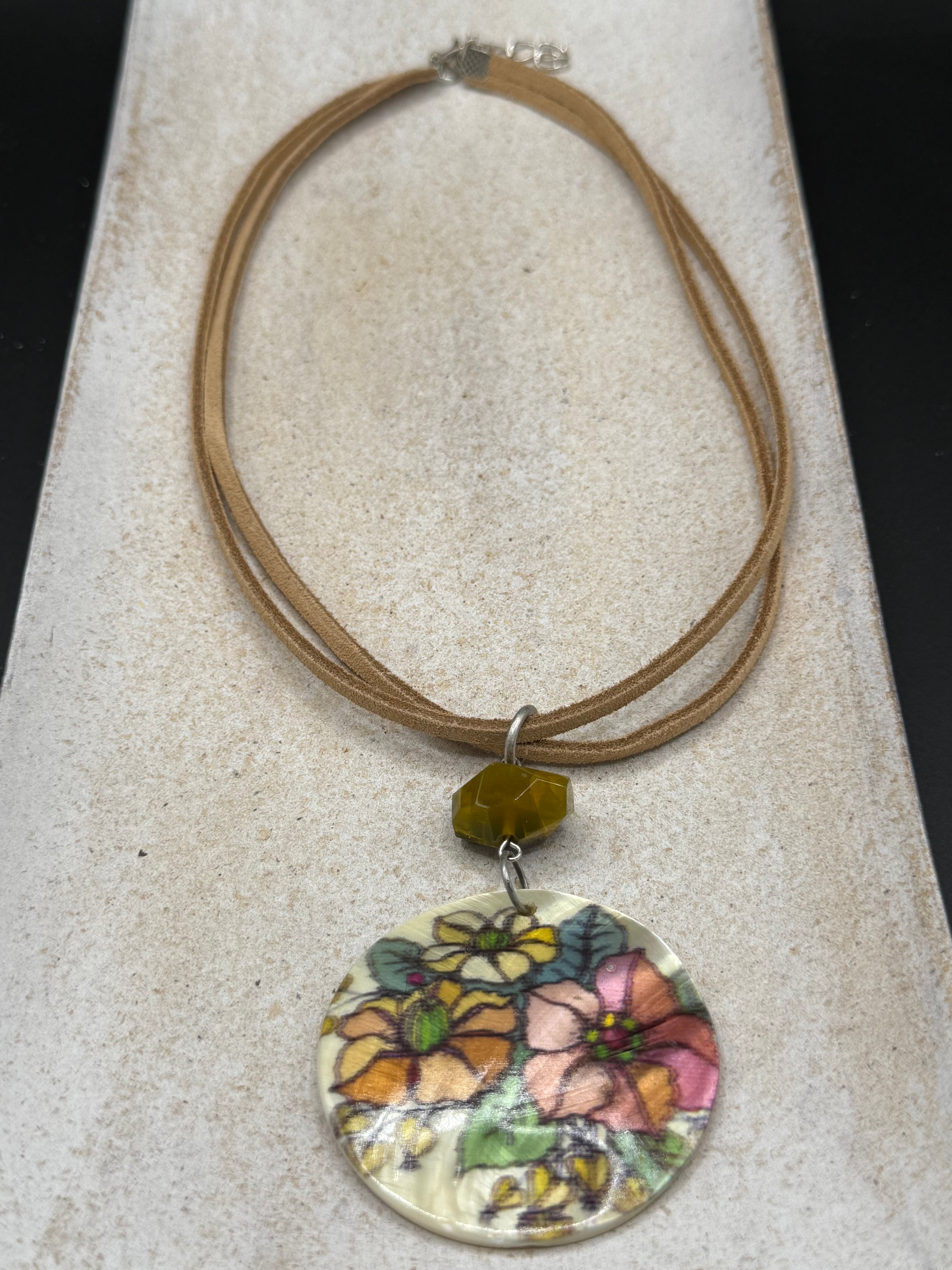 Handmade Floral Pendant Necklace, Artisan Illustrative Flower Pendant with Olive Green Gemstone Accent, Nature Inspired Cord Necklace, Whimsical Botanical Jewelry Gift for Her