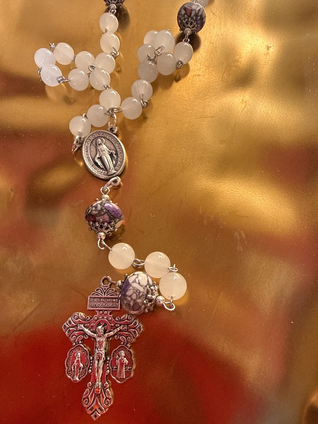 White Stone Rosary with Silver-Capped Accent Marble “Our Father” Beads.