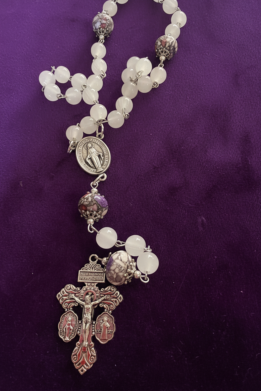 White Stone Rosary with Silver-Capped Accent Marble “Our Father” Beads.