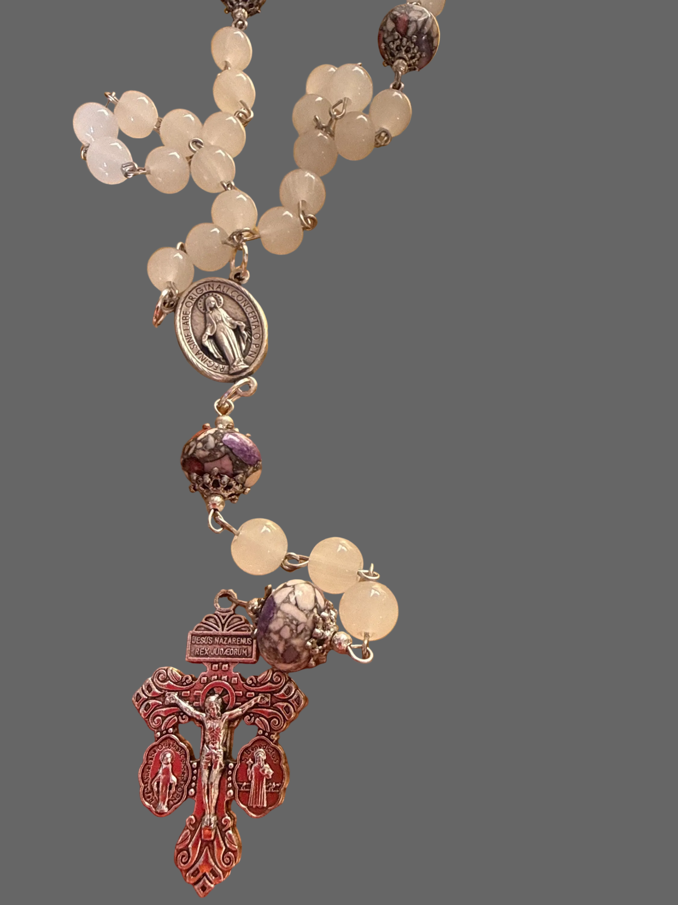 White Stone Rosary with Silver-Capped Accent Marble “Our Father” Beads.