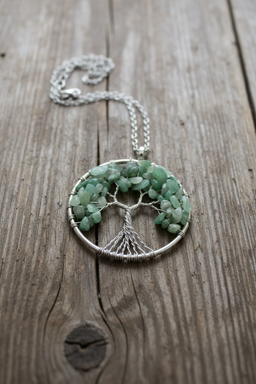 Wire Wrapped Green Aventurine Tree of Life Pendant Necklace • Silver Chain Boho Jewelry