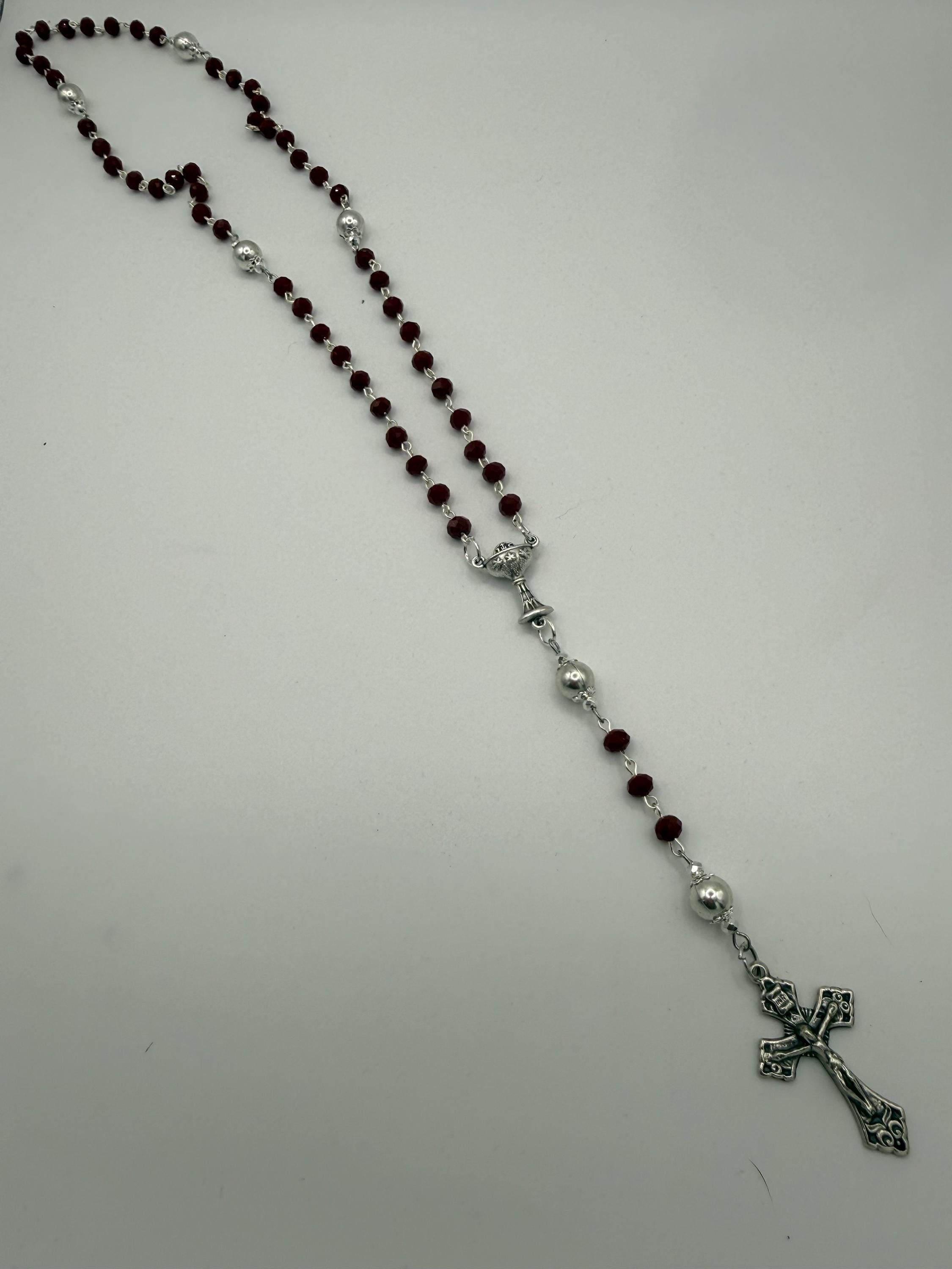 Title: First Communion Red Crystal Rosary - Chalice Centerpiece and Pardon Crucifix