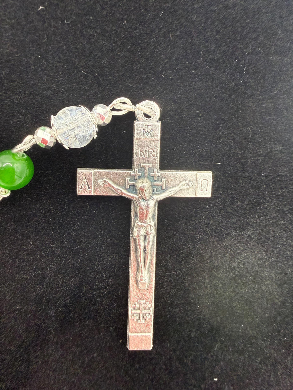 Handmade Green Rosary - Catholic Prayer Beads with Silver Madonna Centerpiece