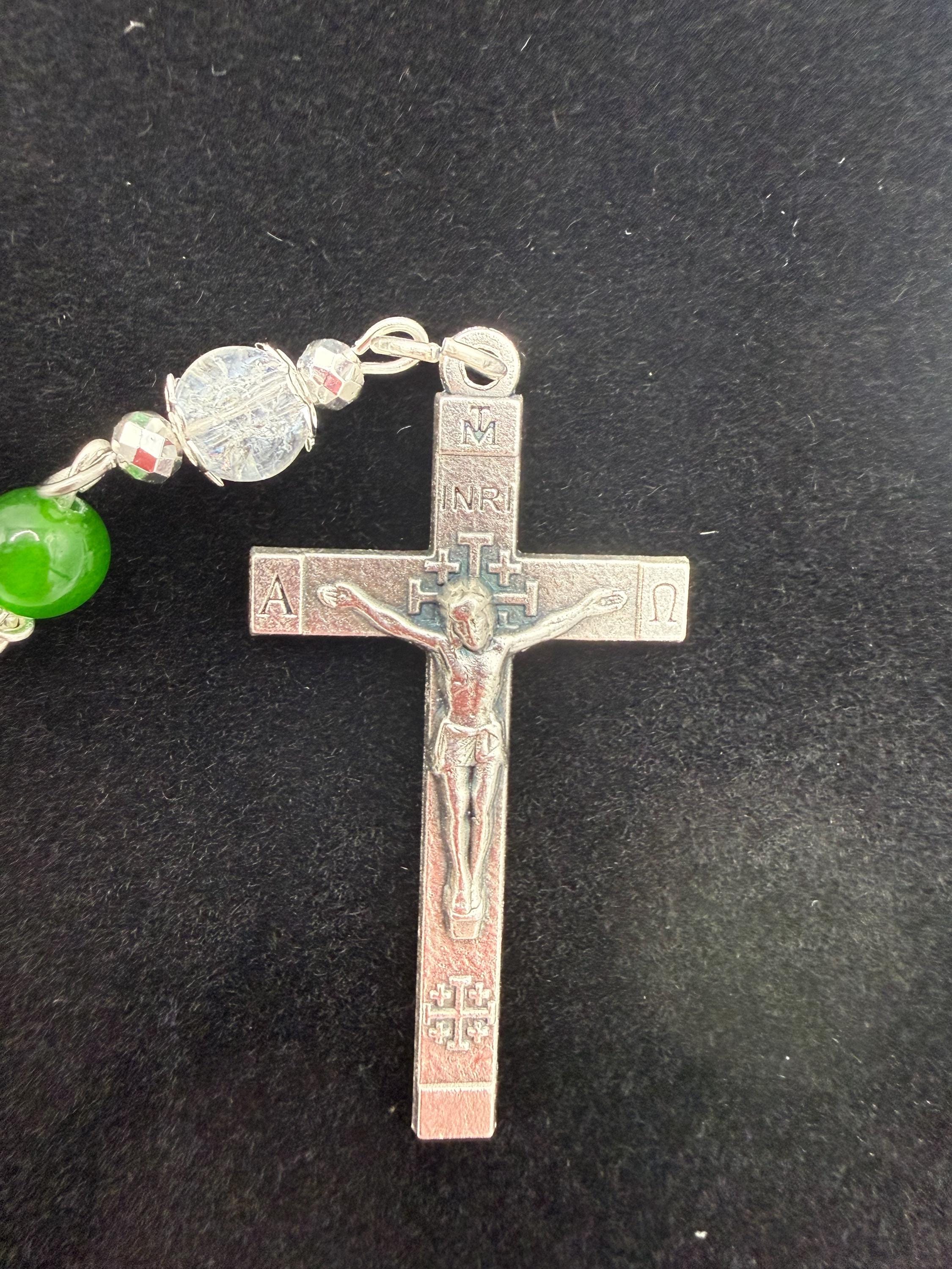 Handmade Green Rosary - Catholic Prayer Beads with Silver Madonna Centerpiece