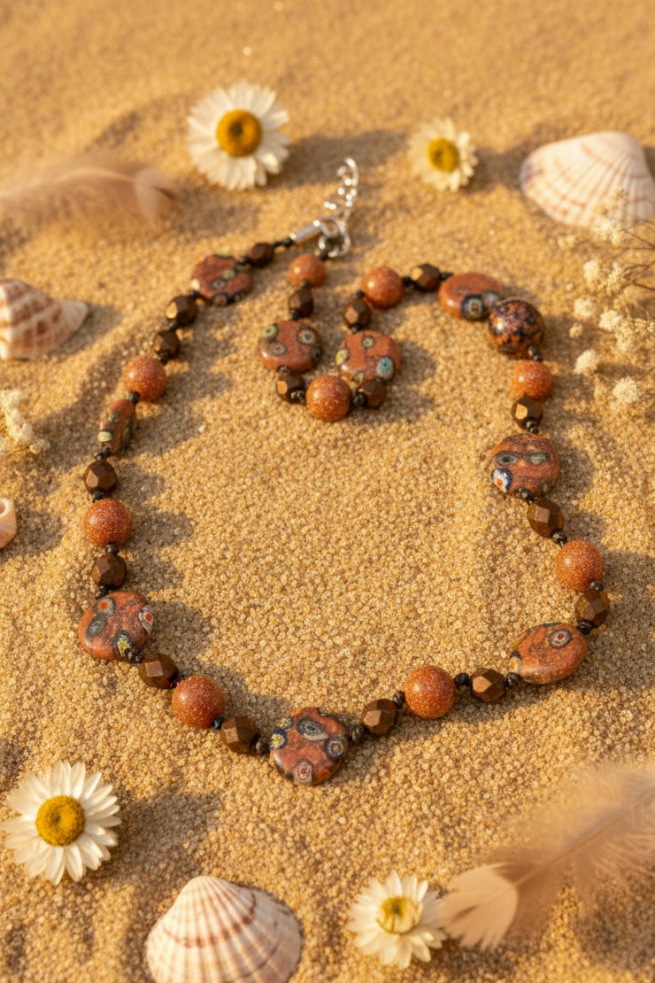 Sparkling Goldstone & Venetian Millefiori Glass Bead Necklace | Warm Earth Tones