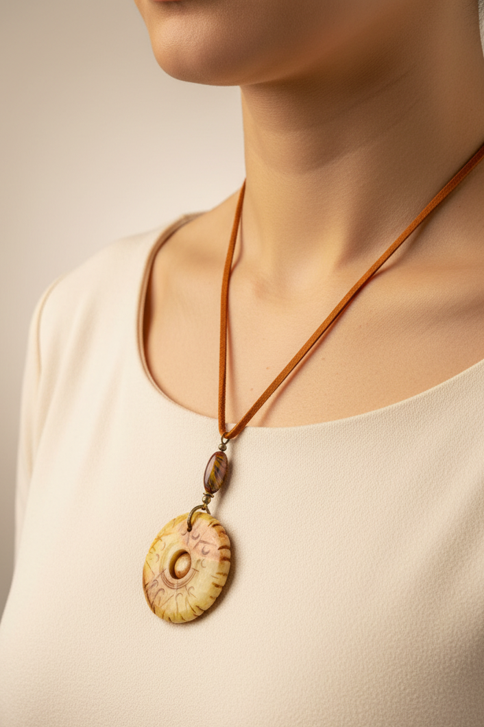 Carved Serpentine Jade Bi Disc Pendant Necklace | Tiger Iron Gemstone Boho Amulet