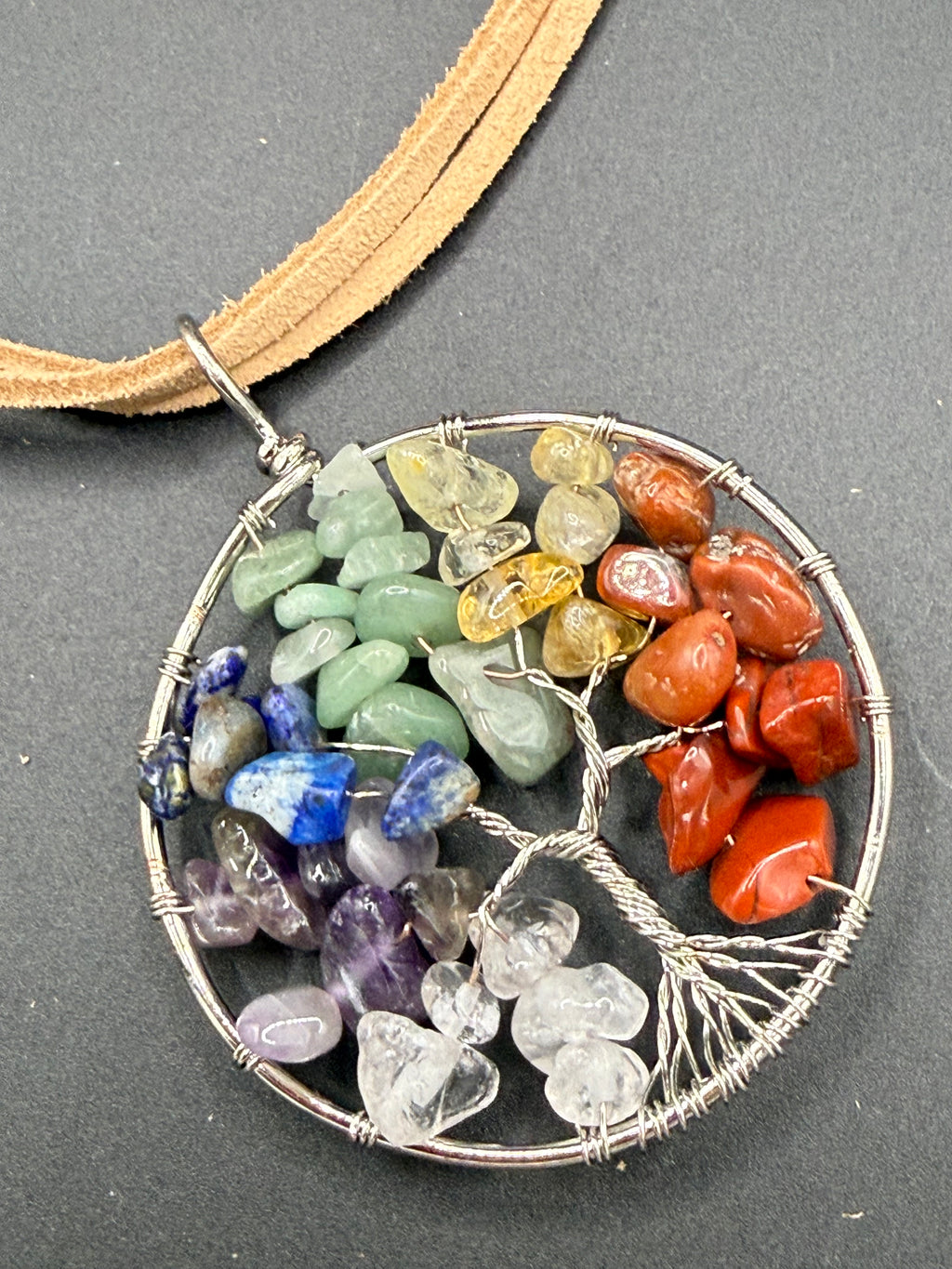Chakra Tree of Life Pendant Necklace, Wire Wrapped Rainbow Crystal Chip Pendant on Tan Suede Cord, Boho Chic Spiritual Gemstone Jewelry