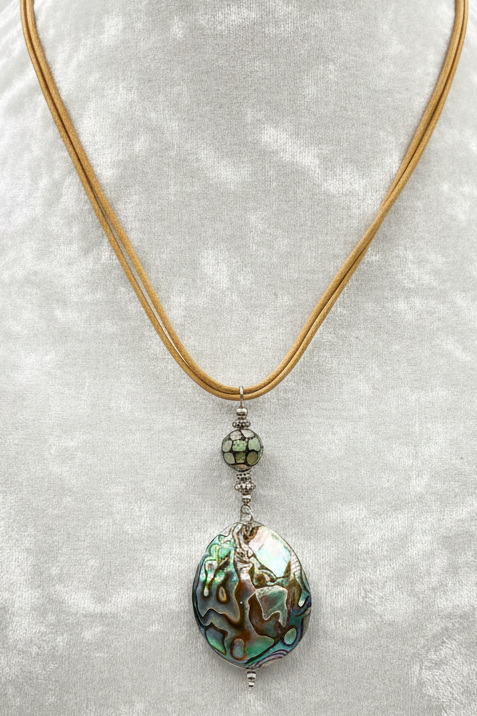 Natural Abalone Shell Pendant Necklace with Tan Leather Cord