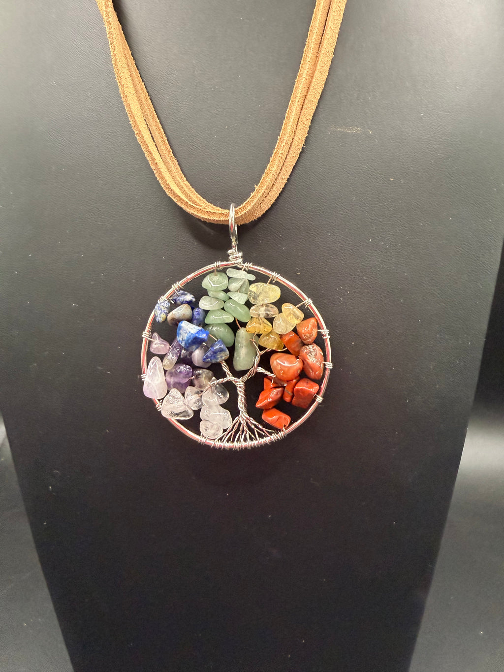 Chakra Tree of Life Pendant Necklace, Wire Wrapped Rainbow Crystal Chip Pendant on Tan Suede Cord, Boho Chic Spiritual Gemstone Jewelry