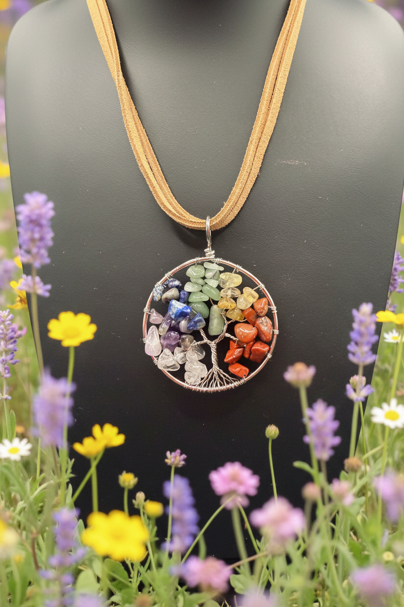 Chakra Tree of Life Pendant Necklace, Wire Wrapped Rainbow Crystal Chip Pendant on Tan Suede Cord, Boho Chic Spiritual Gemstone Jewelry