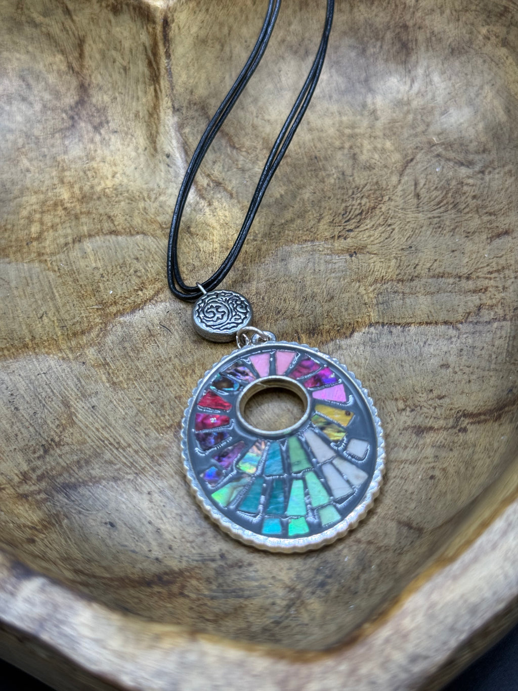 Colorful Mosaic Pendant Necklace, Rainbow Stained Glass Style Choker, Multi Strand Black Cord