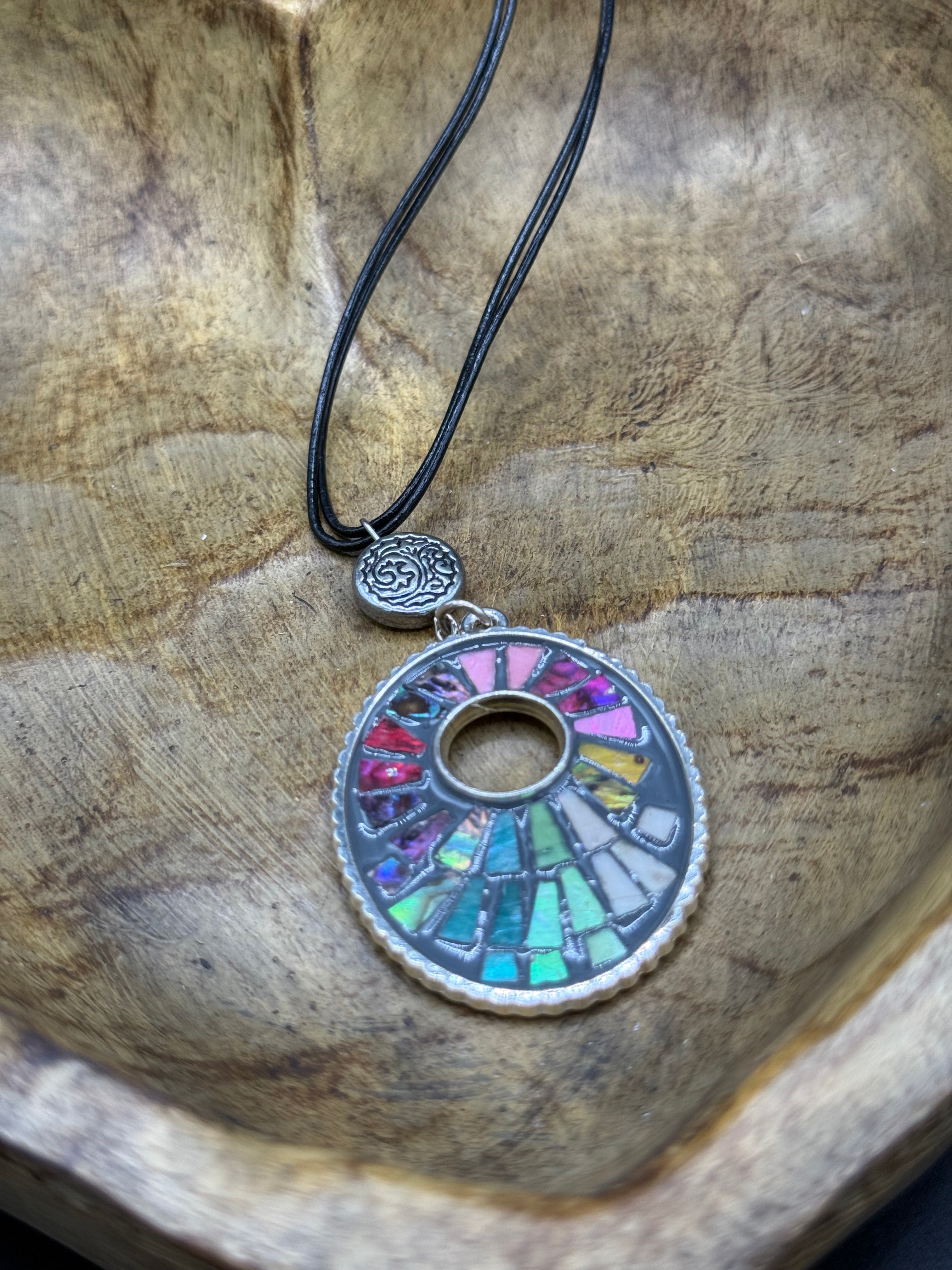 Colorful Mosaic Pendant Necklace, Rainbow Stained Glass Style Choker, Multi Strand Black Cord