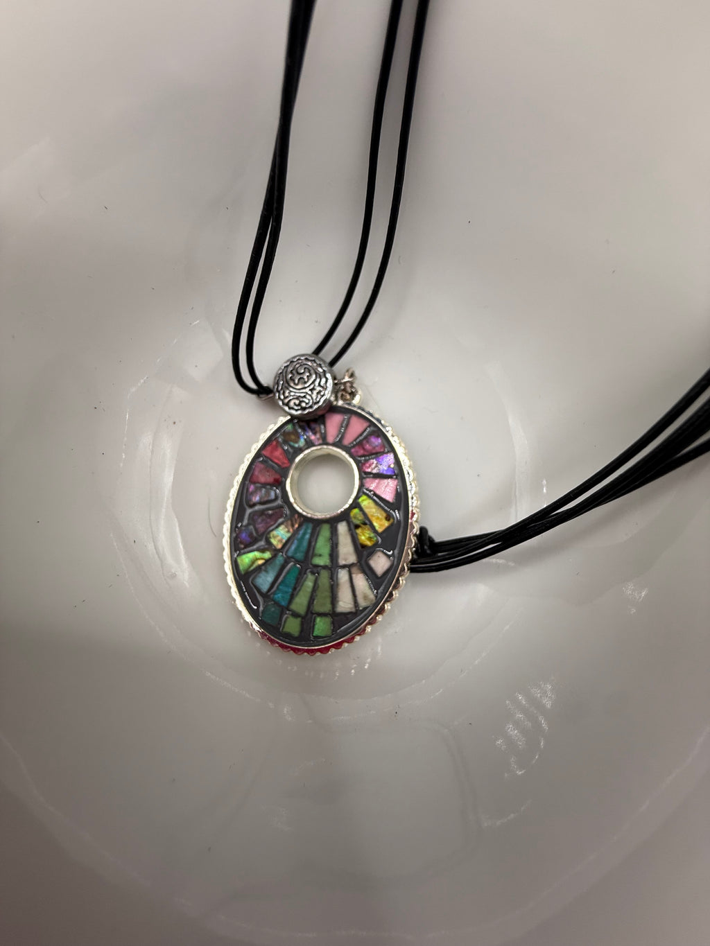 Colorful Mosaic Pendant Necklace, Rainbow Stained Glass Style Choker, Multi Strand Black Cord